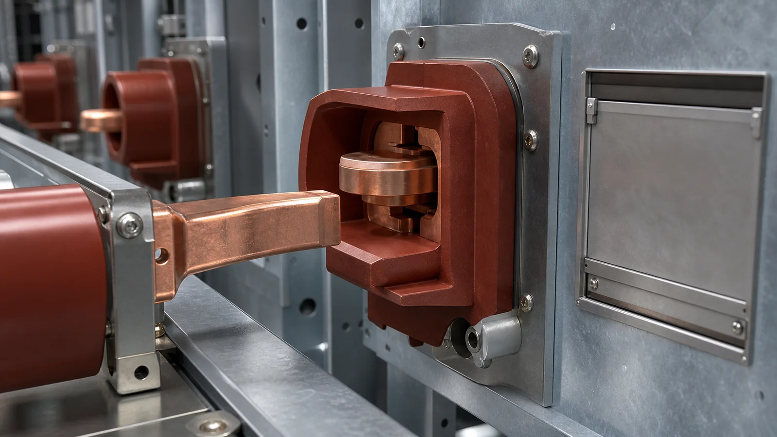 Contact box interface with fixed contact contact arm mounting plane and shutter zone