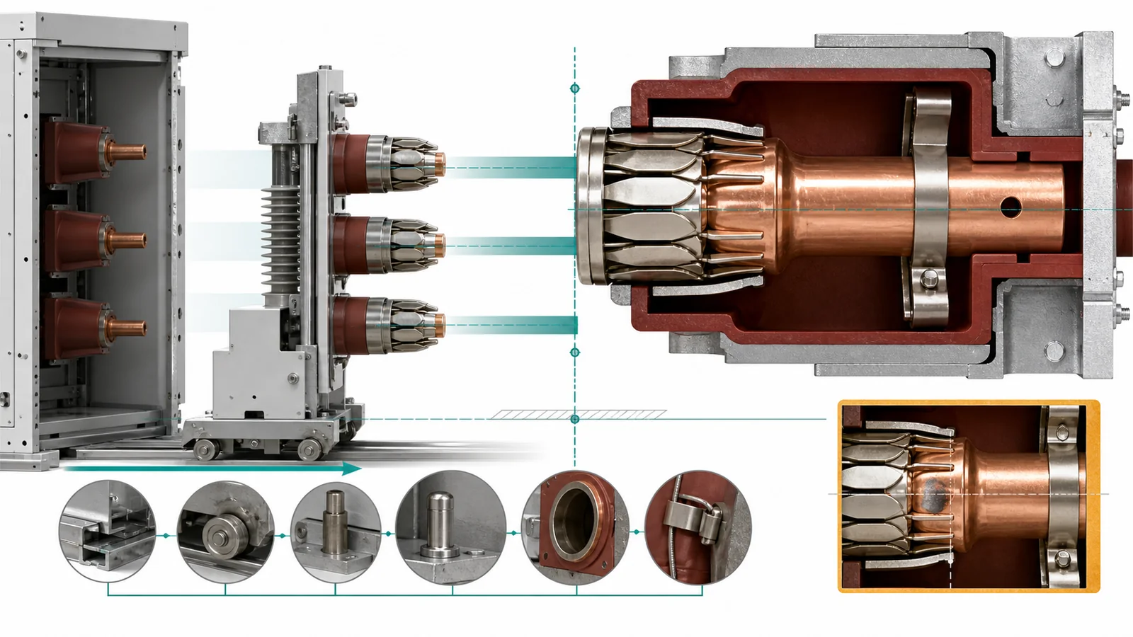 Switchgear contact interface alignment linking tulip fingers, mating arm, contact box, mounting centerline, and drawout truck approach