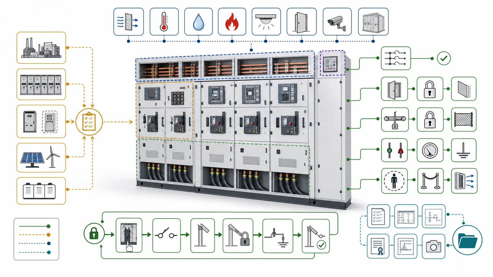 Switchgear continuity, access, partition, interlock, earthing, and pressure-relief requirement map