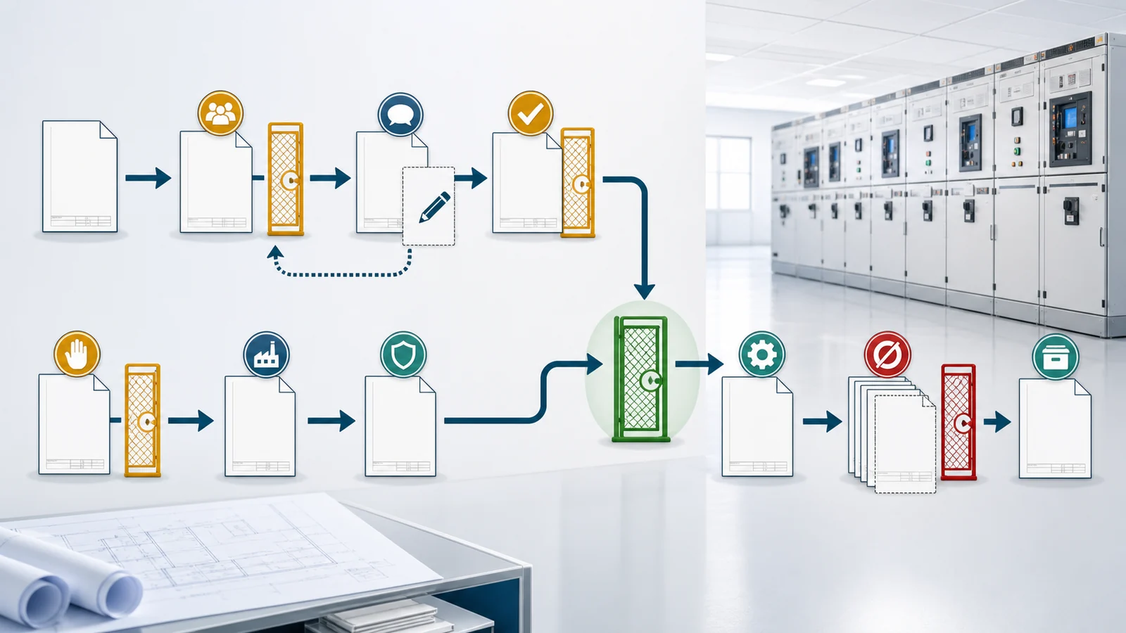 Project-defined switchgear drawing status gates from review to manufacturing release and as-built