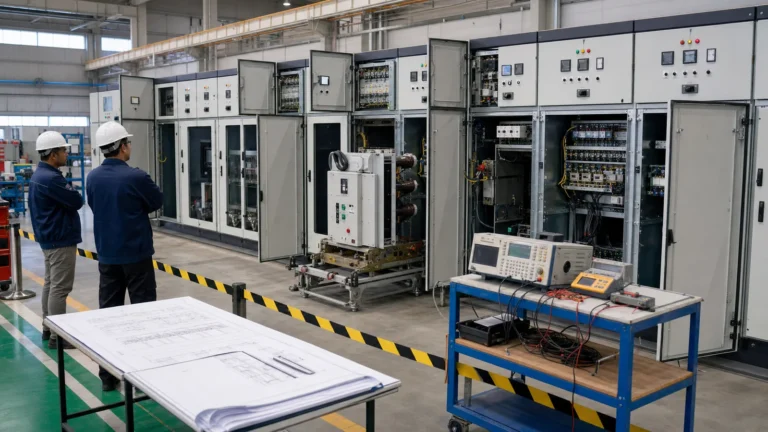 Switchgear factory acceptance test with complete cabinet lineup and test equipment