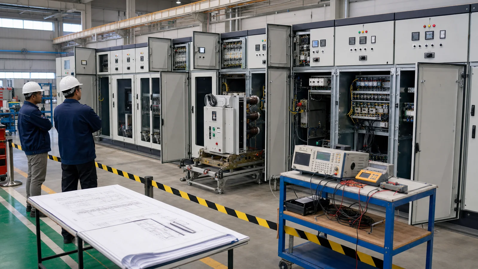Switchgear factory acceptance test with complete cabinet lineup and test equipment