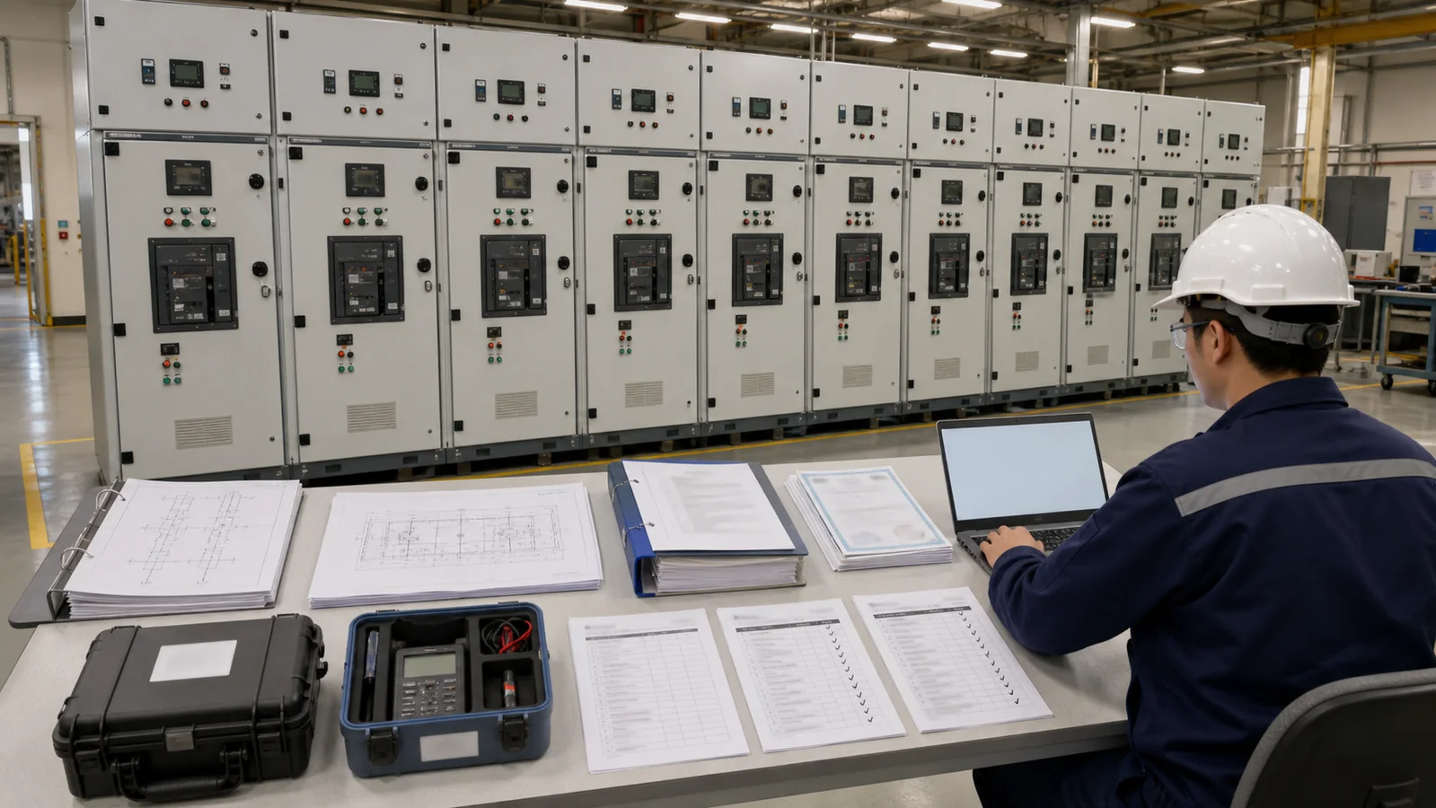 Switchgear FAT witness bay with approved drawings lineup and calibrated equipment