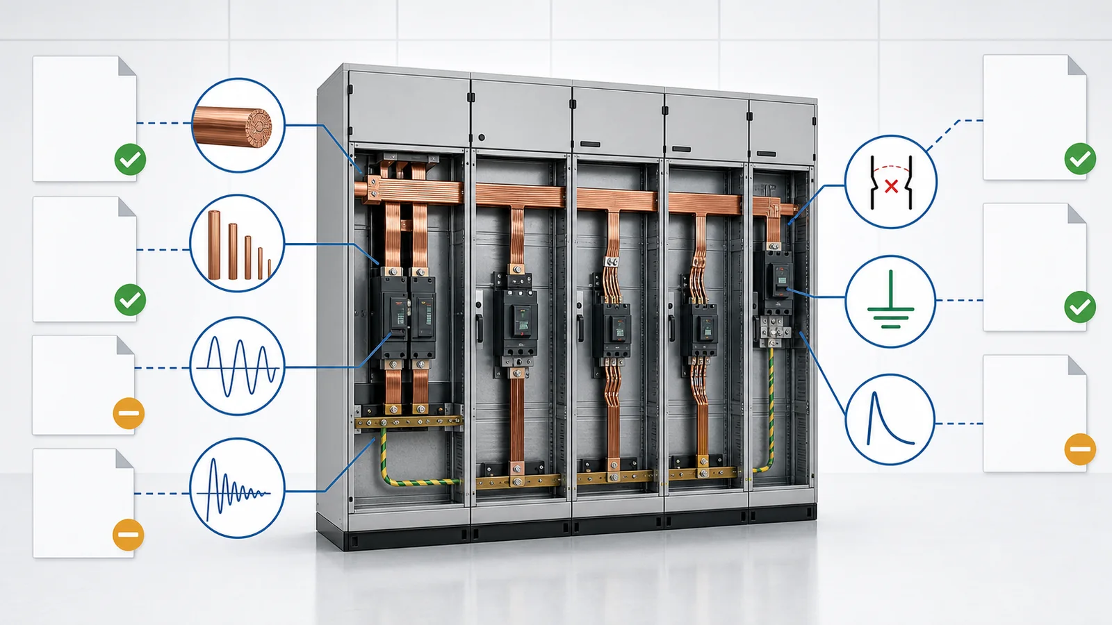Switchgear lineup rating board coordinating bus current, feeder duties, fault withstand, breaking duty, and insulation evidence