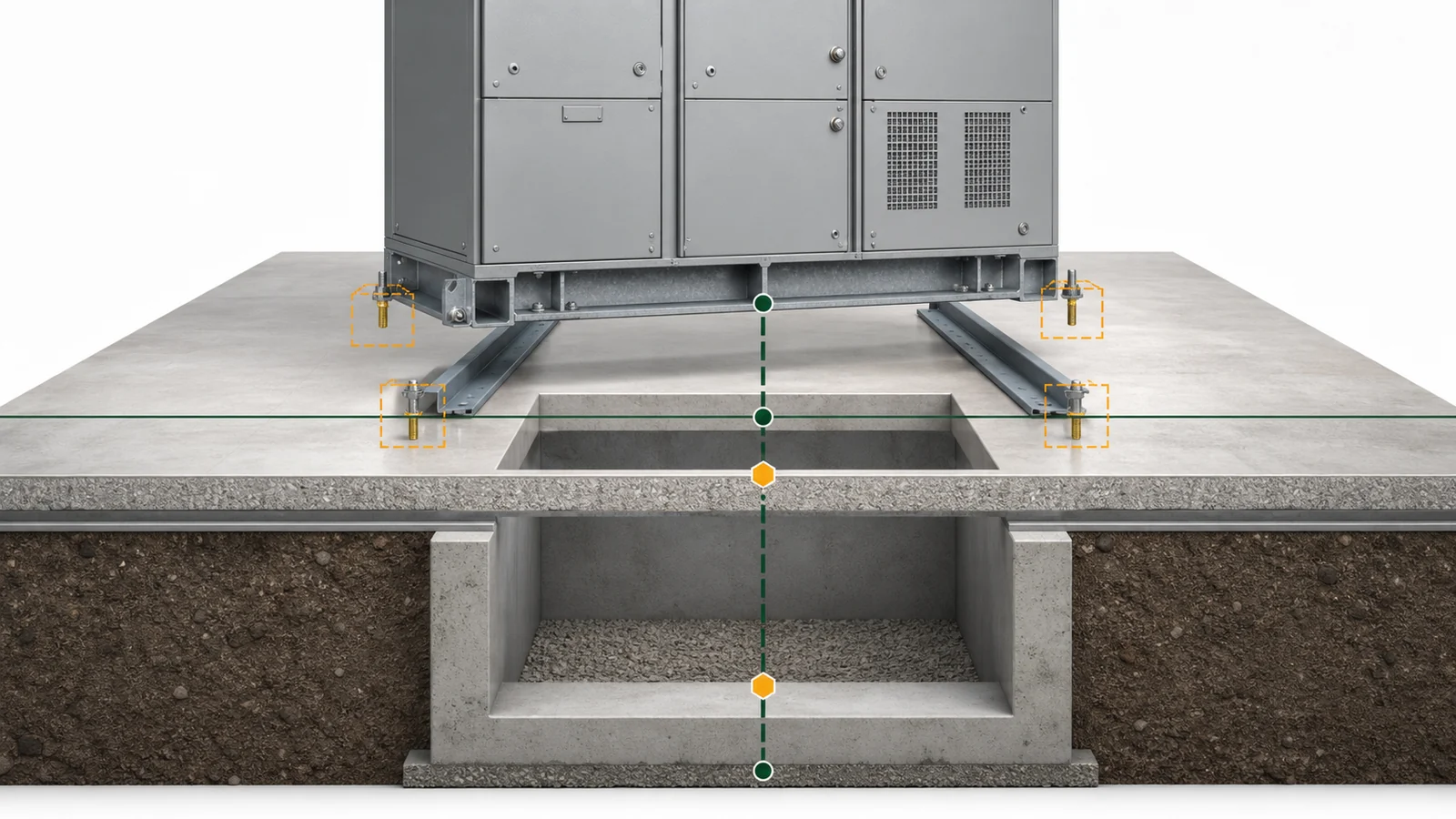 Illustrative switchgear foundation floor-opening and trench interface overlay