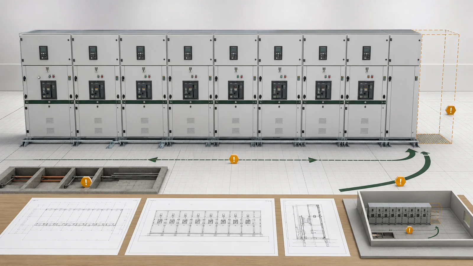 Illustrative switchgear lineup GA drawing and civil-interface review