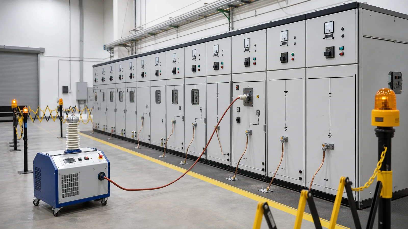 Medium-voltage switchgear prepared for controlled insulation testing in a de-energized test bay
