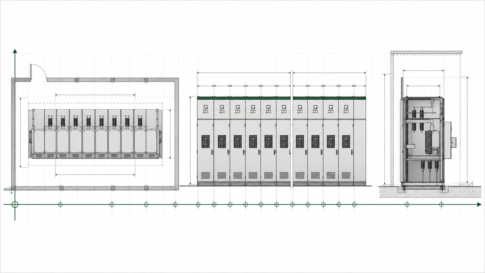 Illustrative switchgear plan elevation and section coordinate chain