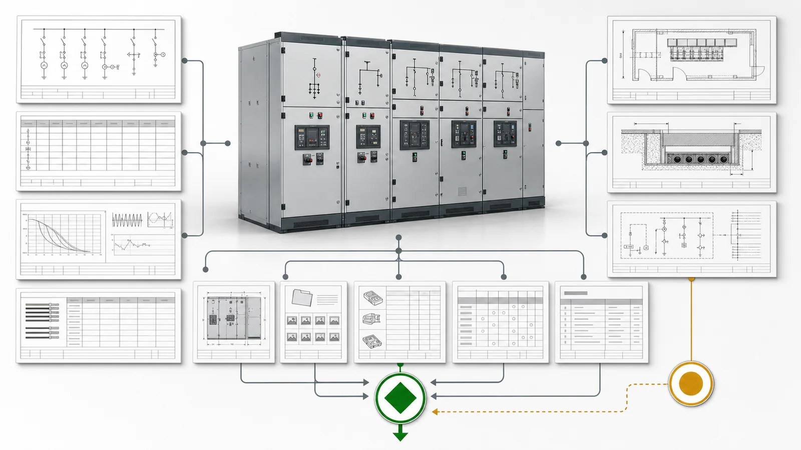 MV switchgear RFQ release package with SLD, bay schedule, cable data, protection drawings, GA, tests, and deviations