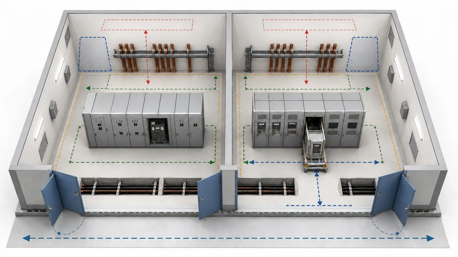 Room access, handling, cable, foundation, and extension review for fixed and withdrawable switchgear
