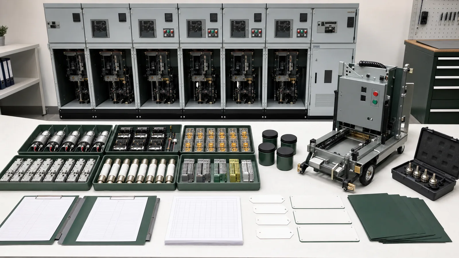 Illustrative switchgear spare parts schedule review with separate parts and tools