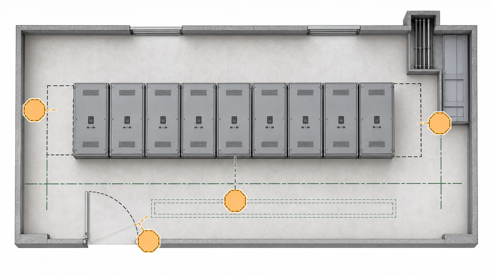 Illustrative synthetic nine-panel switchgear GA review with four open holds