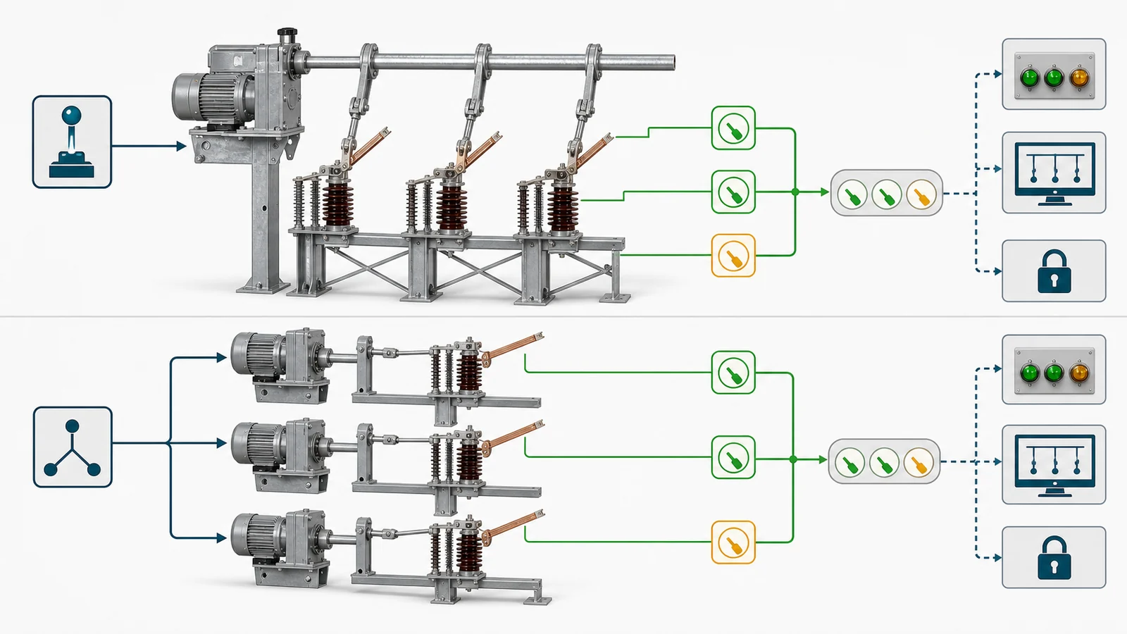 Command, drive travel, and per-pole position evidence for independent and gang-operated disconnect switches