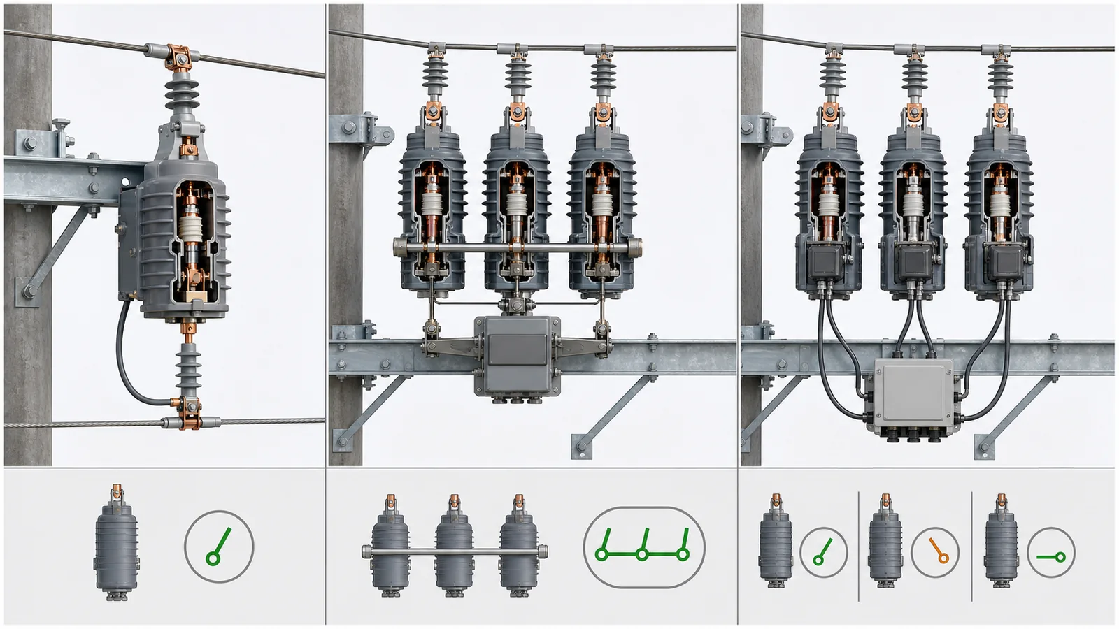 Three phase architectures for distribution reclosers