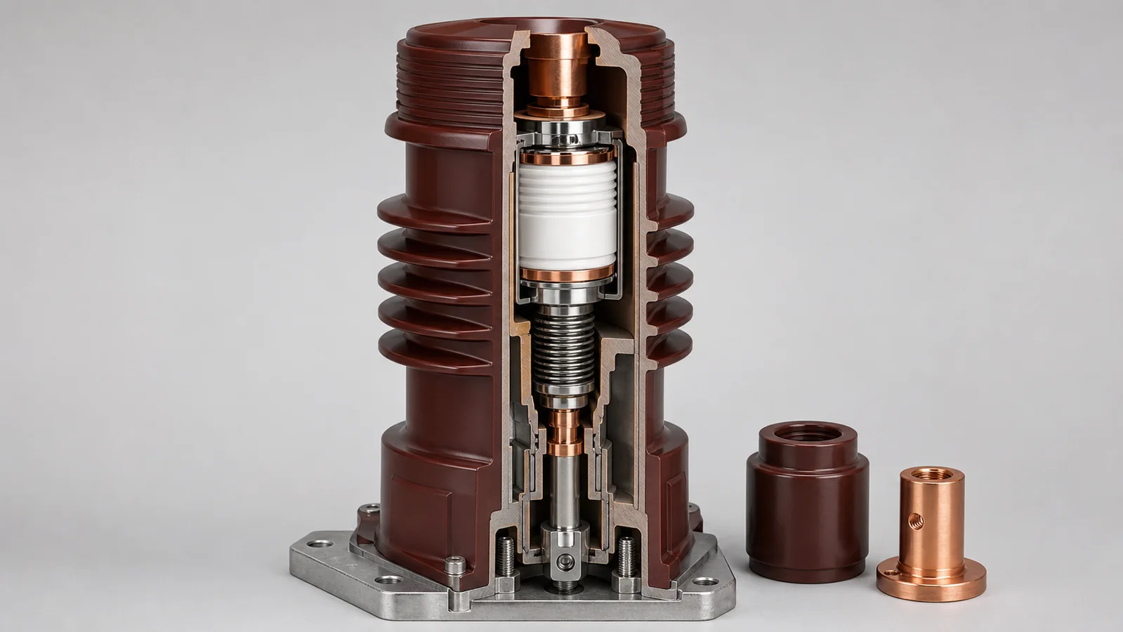 Vacuum pole assembly cutaway with interrupter terminals insulation and drive interface