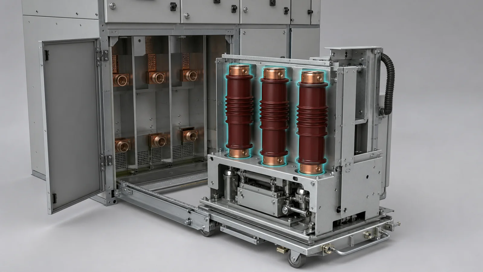 Vacuum pole assembly position inside a medium-voltage VCB and switchgear cabinet