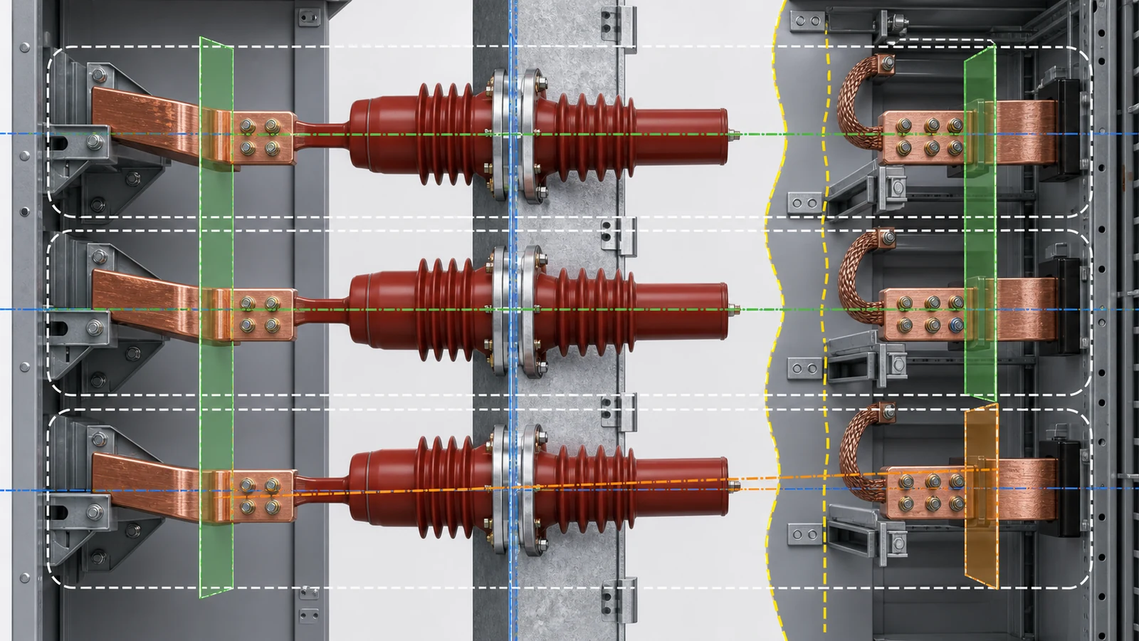 Wall bushing datum chain across partition and busbar conductors