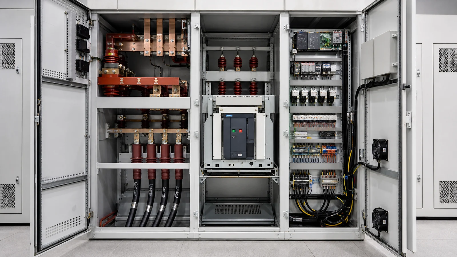 Open medium-voltage switchgear cabinet showing component zones and service interfaces