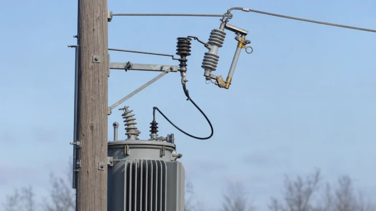 Pole-mounted drop-out fuse cutout protecting an overhead distribution transformer branch