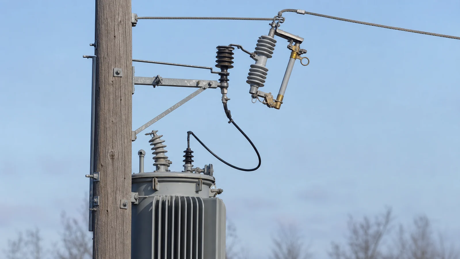 Pole-mounted drop-out fuse cutout protecting an overhead distribution transformer branch
