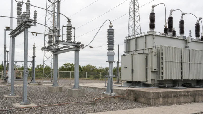 Surge arrester installed near distribution equipment in a substation arrangement