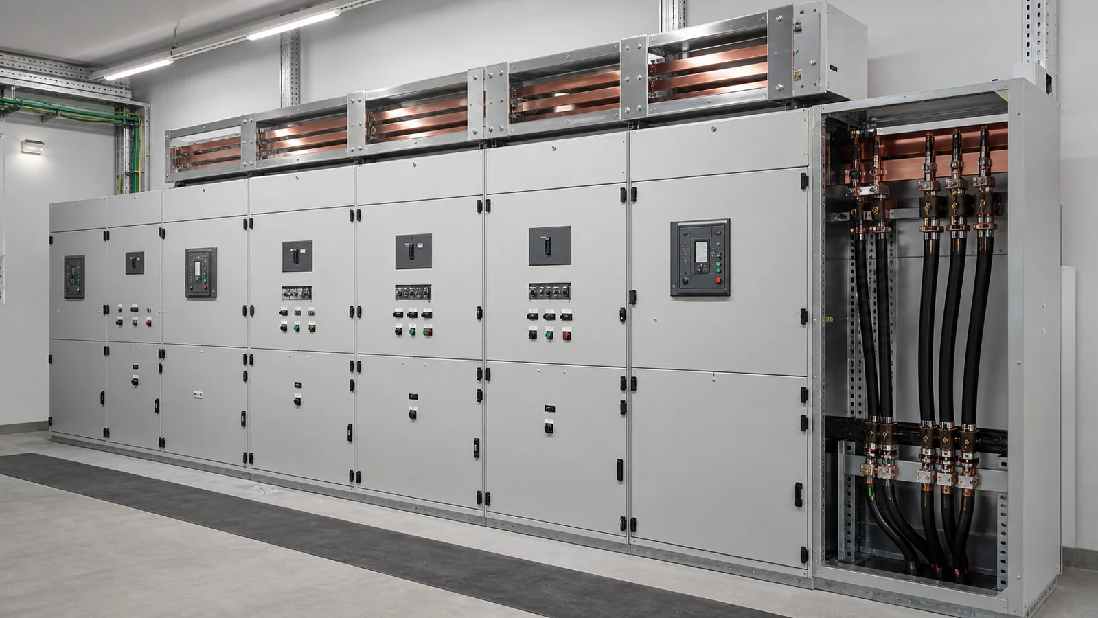 Distribution switchgear role map showing source, switching, protection, and load circuits