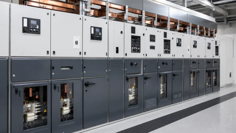 Medium-voltage switchgear lineup in a clean industrial electrical room