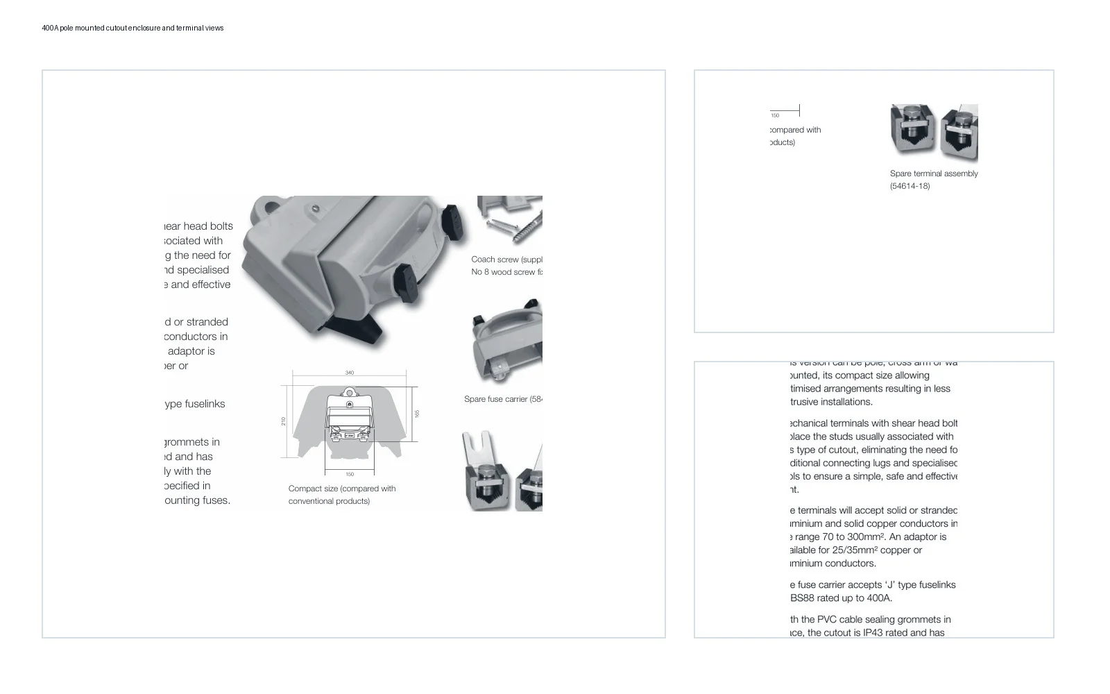 400A pole mounted fuse cutout enclosure and terminal dimension views