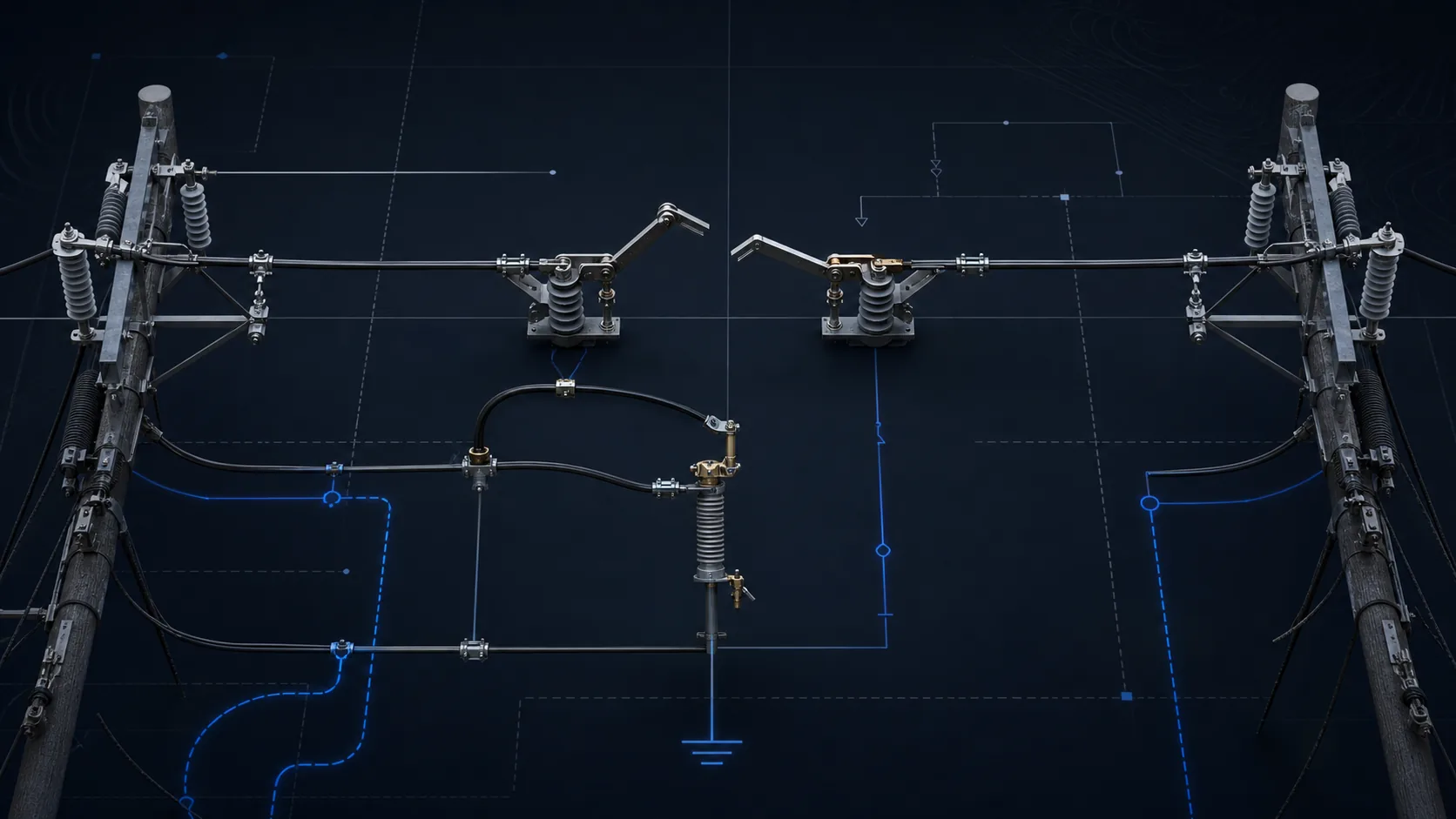Engineering visual showing outdoor air break switch open gap, fuse branch and grounding-knife context