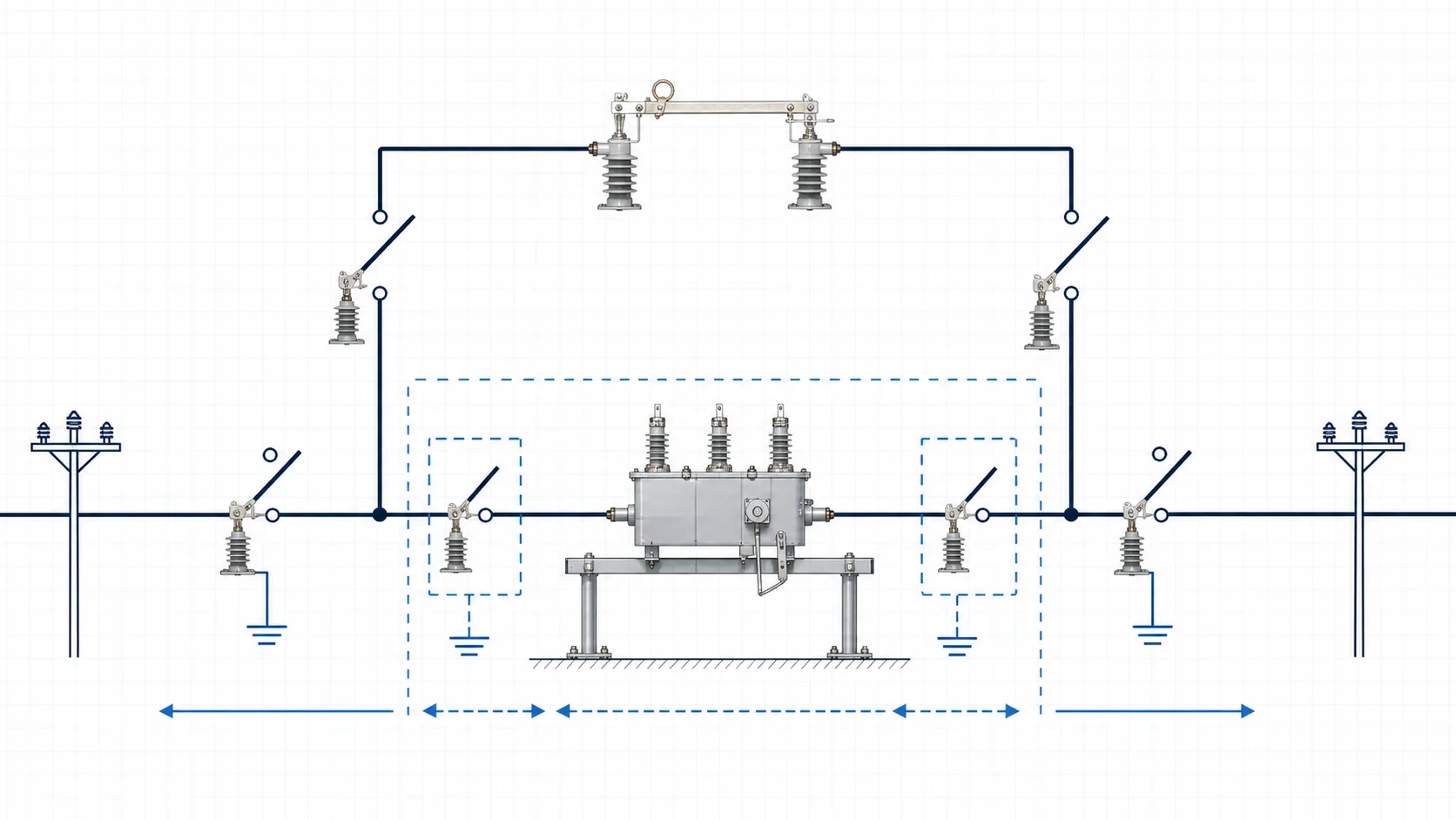 Engineering topology diagram for bypass disconnector normal and maintenance bypass sequence