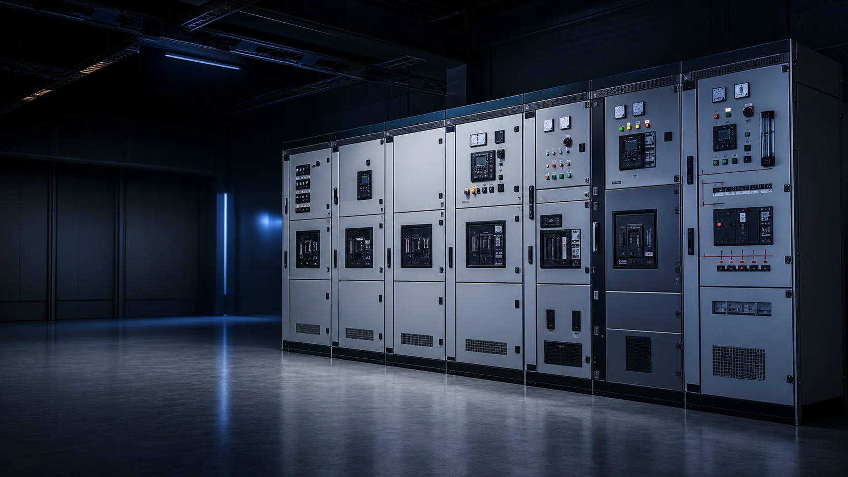 Dark industrial switchgear cabinet lineup concept used as the complete switchgear cabinets hero background