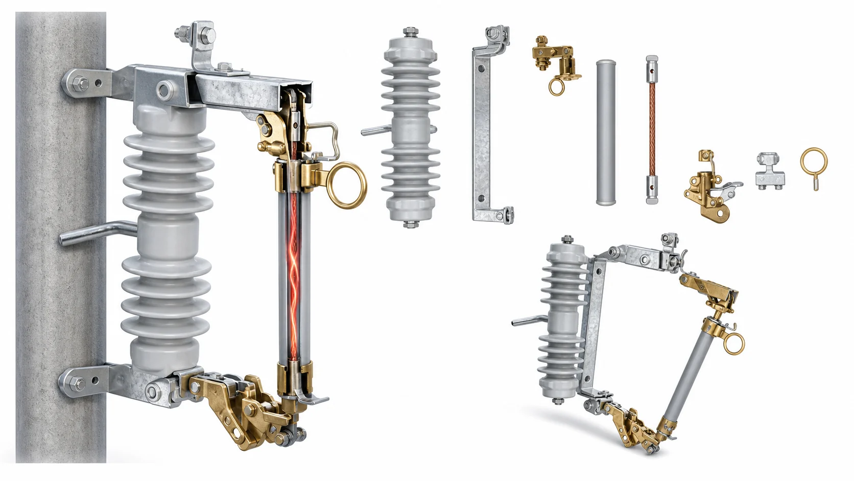 Engineering structure image showing fuse tube contacts bracket arc path and drop out action