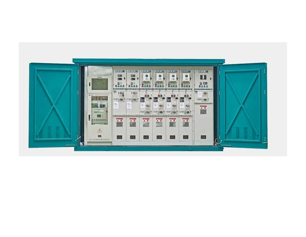 Gas-insulated ring main unit with outdoor enclosure and open front doors