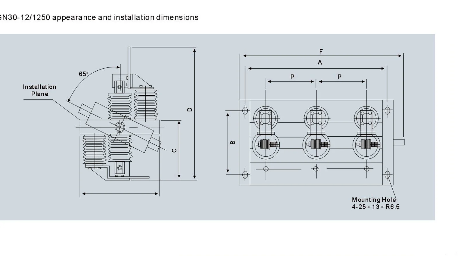 GN30 12 kV wall-through indoor disconnect switch appearance and installation dimension drawing