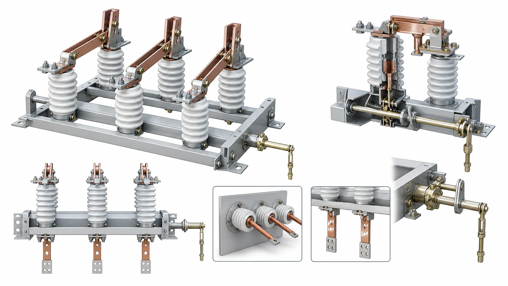 Structure schematic for indoor disconnect switch knife blade rotary shaft insulators and terminal interfaces