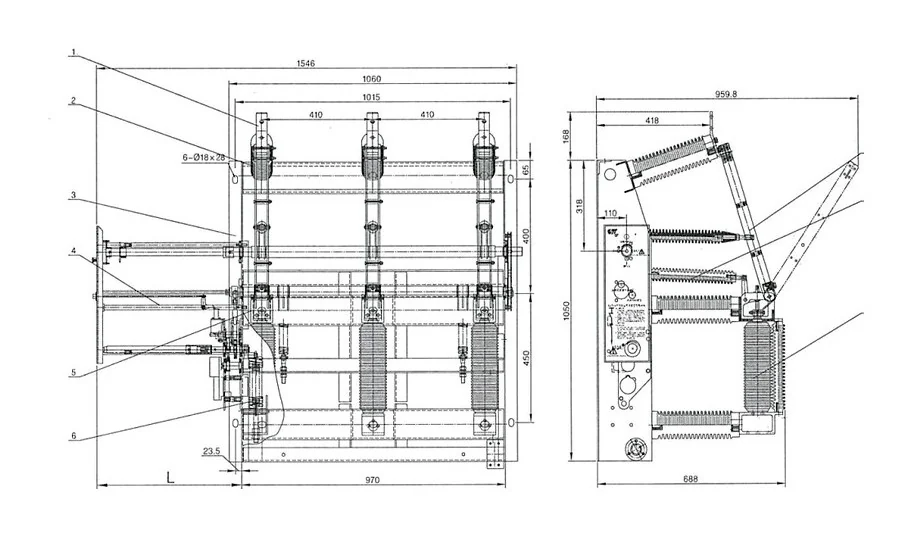 FZN21 indoor vacuum load break switch outline drawing with front and side dimensions