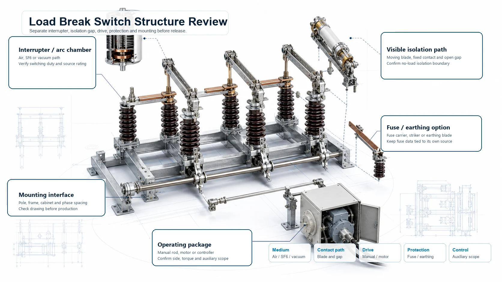 Structure schematic for load break switch interruption medium operating drive contact path and mounting interface