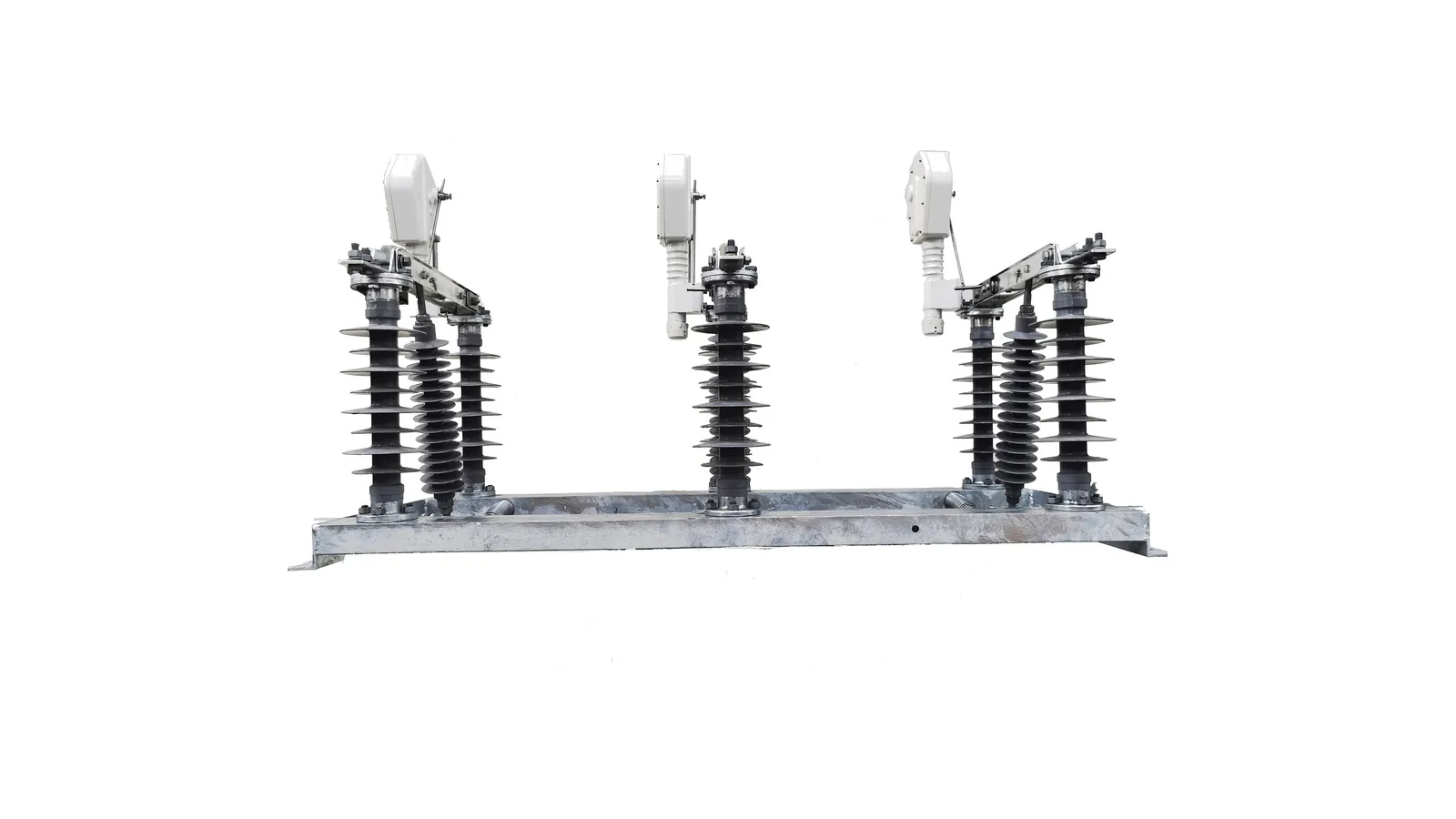 Three pole outdoor air break load isolator with support frame and operating linkage