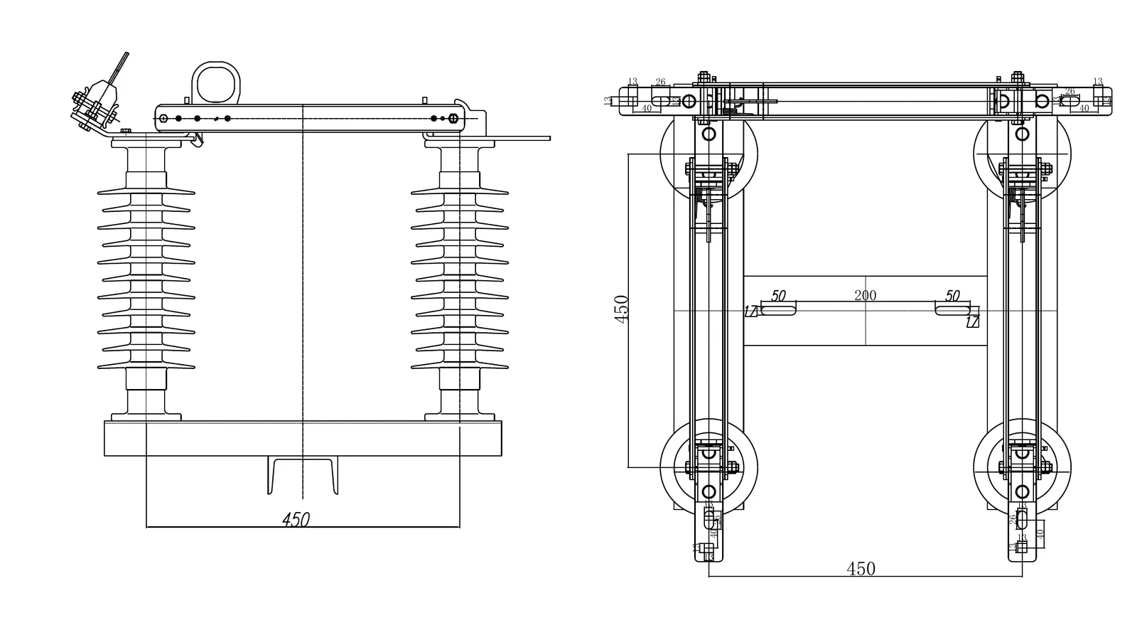 LW1 bypass disconnector outline drawing with side view plan view and 450 mm mounting dimensions