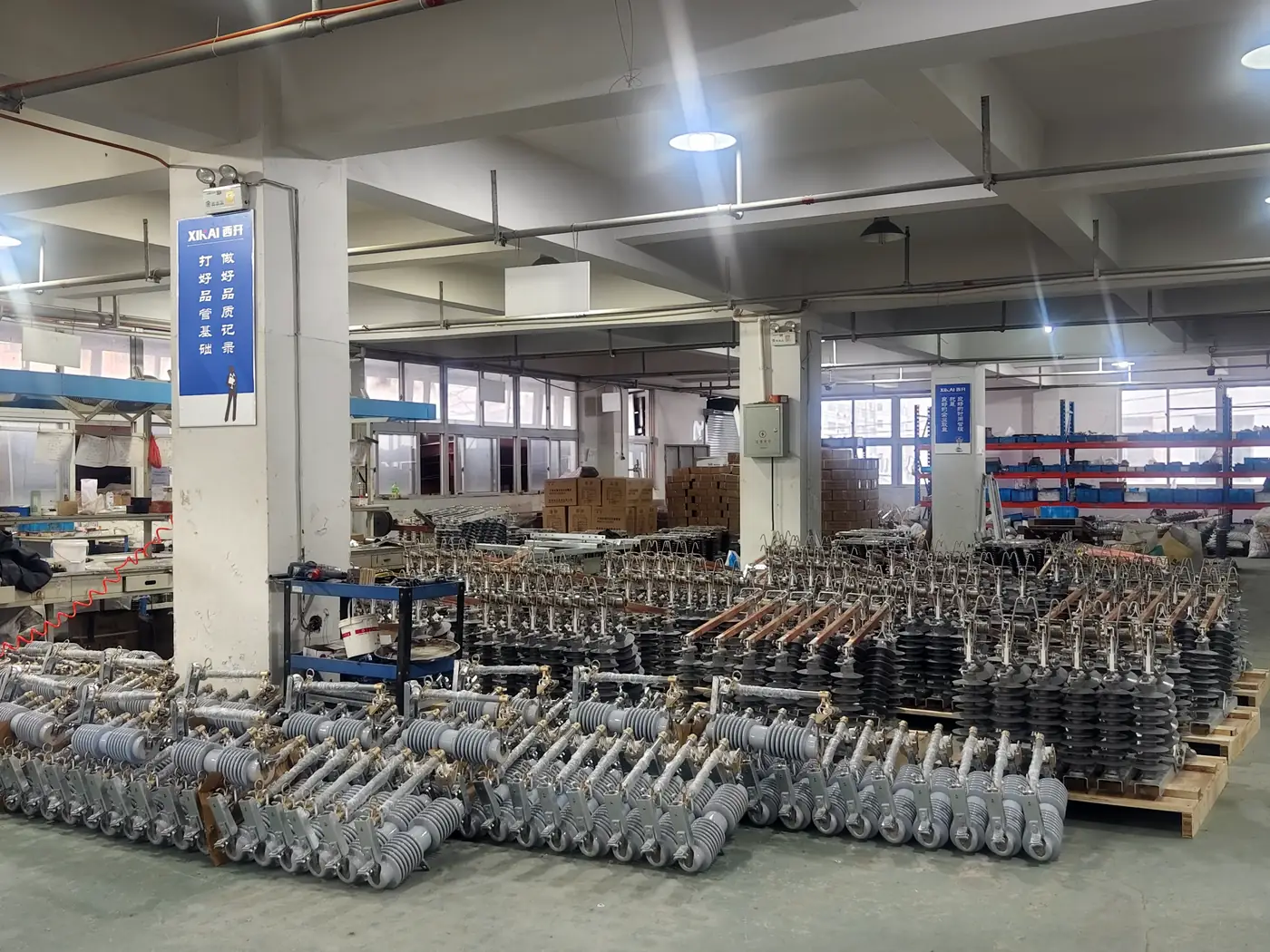 Batch production area with finished electrical equipment assemblies
