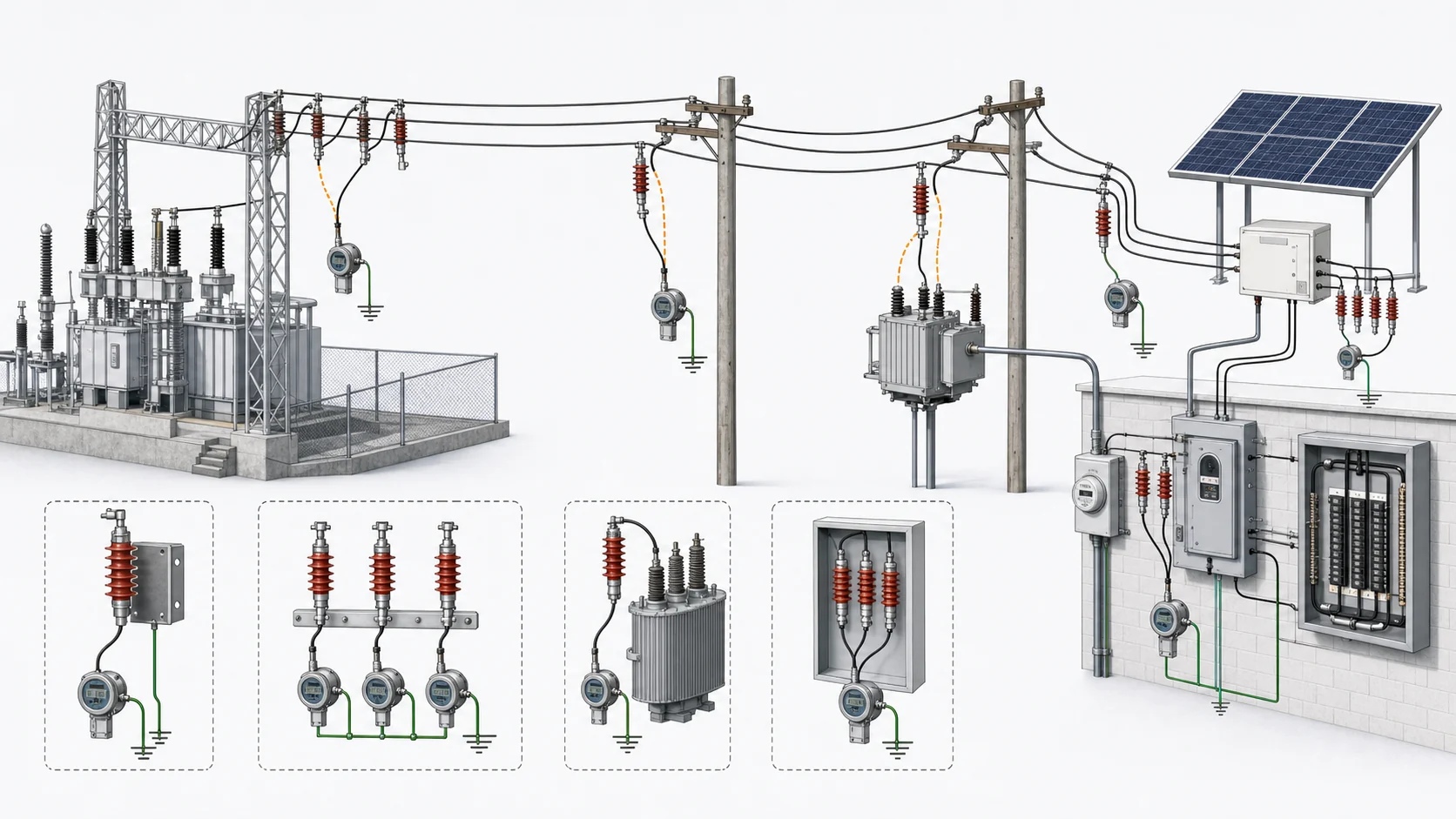 Distribution topology image showing surge arresters from conductors to earth with counters in feeder substation low voltage and photovoltaic options