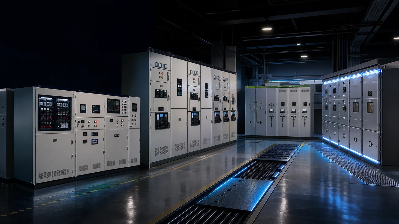 Indoor switchgear cabinet application environment with LV distribution cabinets medium voltage switchgear RMU and sealed gas insulated cabinet bays