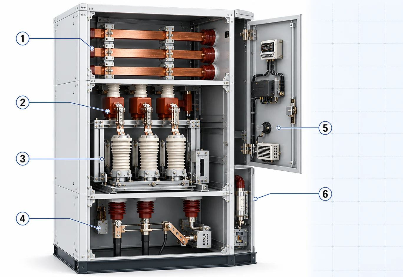Medium voltage switchgear cabinet component position map showing busbar, contact, VCB, cable, control and protection zones