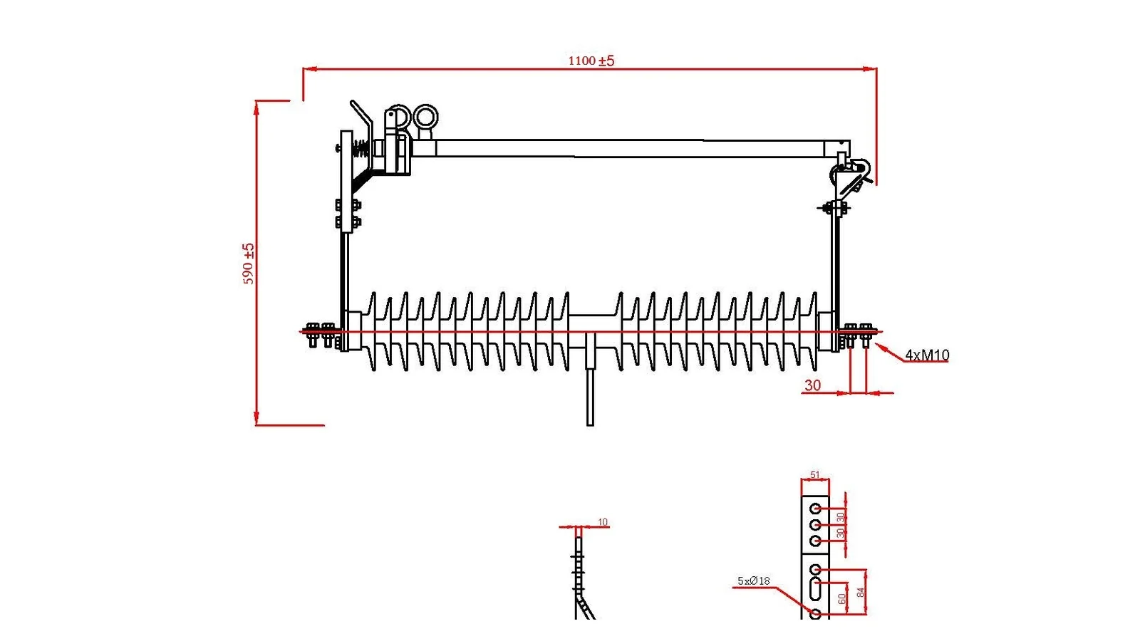 Windproof fuse cutout HGRW 35 200 cropped dimension drawing view